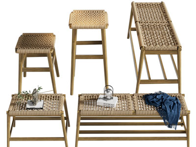 北欧藤编长凳子、吧凳