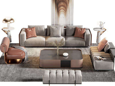 现代布艺多人、单人沙发、茶几组合