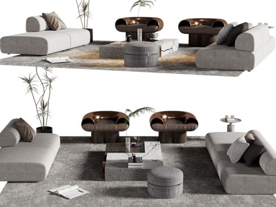 现代多人沙发、休闲椅子和茶几组合