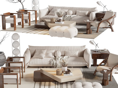 侘寂风多人沙发、休闲椅子和茶几组合