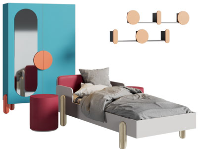 现代糖果色单人床、衣柜