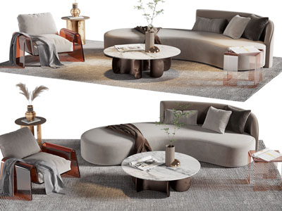 现代弧形多人、单人沙发和茶几组合