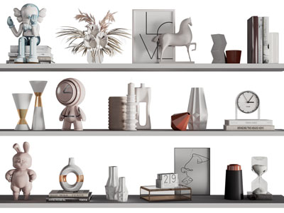 现代隔板上的装饰品、书籍摆件组合