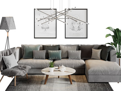 北欧布艺转角多人沙发、休闲椅子和茶几组合