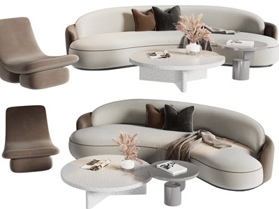 现代弧形多人沙发、休闲椅子和茶几组合