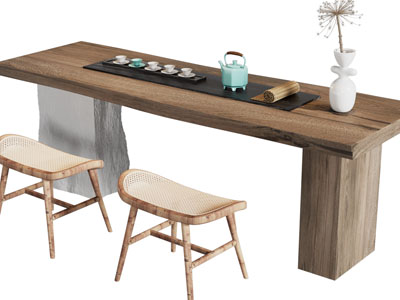 侘寂风长方形茶桌、茶凳