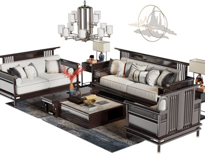 新中式实木双人、单人沙发、茶几组合