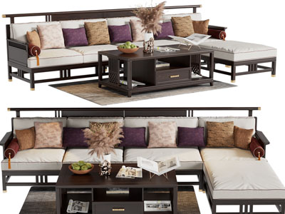 新中式实木多人沙发、沙发凳和茶几组合