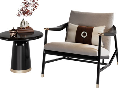 新中式扶手椅子、休闲椅子、边几