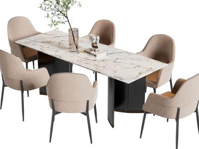 现代长方形大理石餐桌椅组合