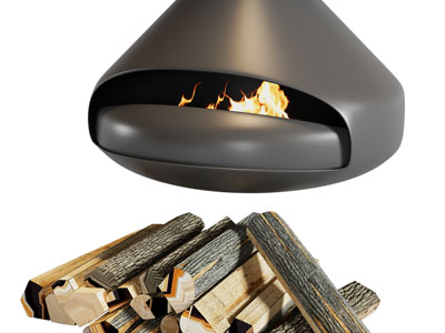 现代悬挂式金属壁炉火炉、柴火
