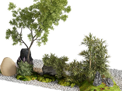 新中式石头、树木景观园艺小品