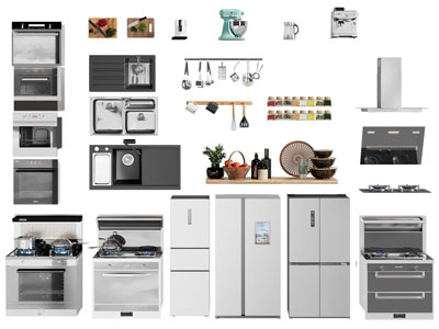 现代集成灶、电冰箱、洗菜盆厨具