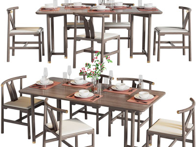 新中式长方形实木餐桌椅组合