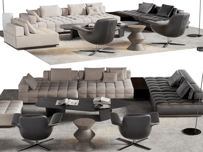 现代转角多人沙发、休闲椅子和茶几组合