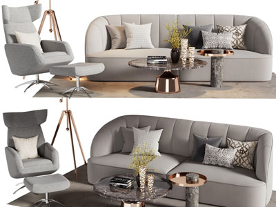 现代多人沙发、休闲椅子和茶几组合