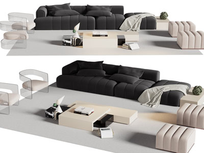 现代多人沙发、沙发凳、茶几组合
