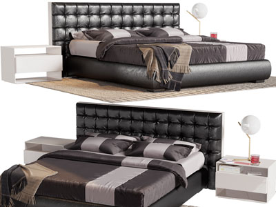 现代皮质床头双人床、床头柜