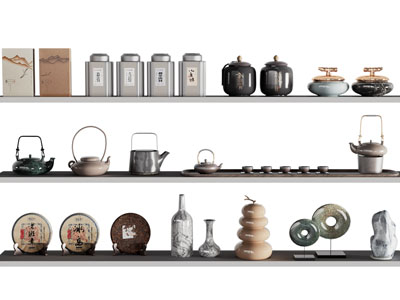 新中式茶壶、茶罐、茶饼摆件组合