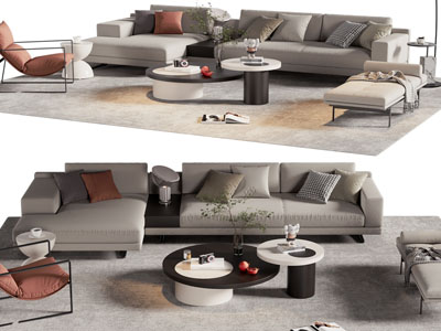 现代布艺多人沙发、沙发凳、休闲椅和茶几组合