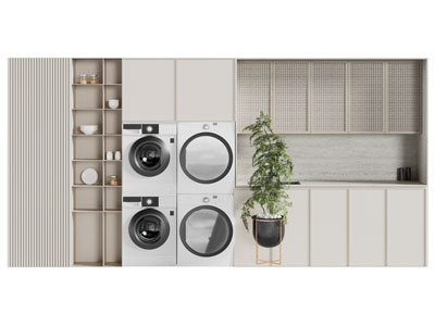 侘寂风嵌入洗衣机、烘干机的收纳柜