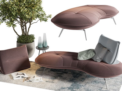 现代弧形多人沙发、边几