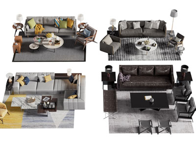 现代多人沙发、休闲椅子和茶几组合