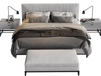 现代布艺双人床、床头柜、床尾凳