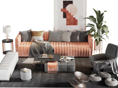 现代多人沙发、沙发凳、休闲椅子和茶几组合