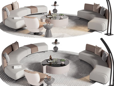现代弧形多人沙发、休闲椅子和茶几组合