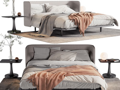 现代布艺双人床、床头几