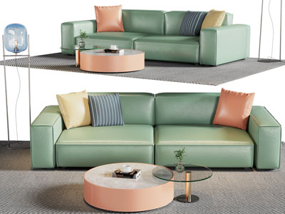 现代果绿色双人沙发、茶几组合