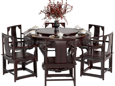 中式实木圆形雕花餐桌椅组合