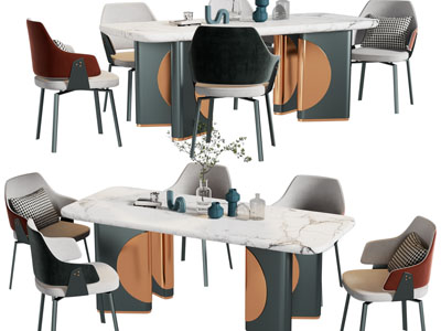 现代长方形大理石餐桌椅组合
