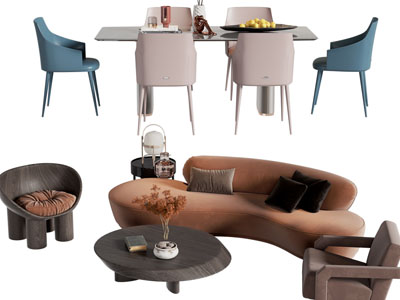 侘寂风多人沙发、休闲椅子、茶几和餐桌椅组合