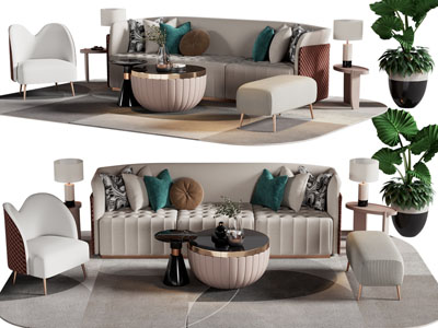 现代轻奢多人沙发、休闲椅和茶几组合