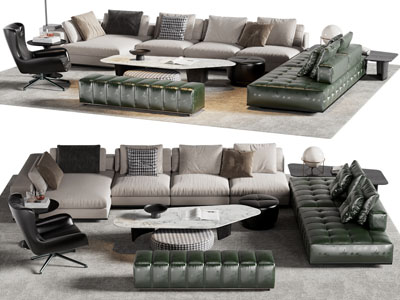 现代转角多沙发、皮质双人沙发和茶几组合
