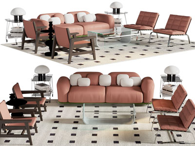 现代裸粉色双人沙发、休闲椅子和茶几组合