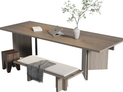 现代长方形书桌、长凳子组合