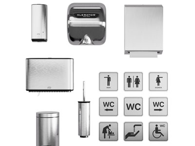 现代公共卫生间标识、指示牌、垃圾桶、抽纸盒