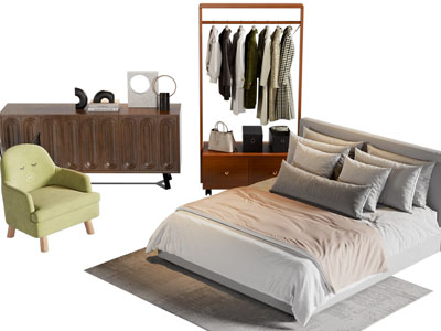 现代双人床、衣架、边柜