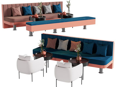 现代多人卡座沙发、茶几组合
