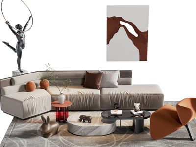 现代转角多人沙发、休闲椅子和茶几组合