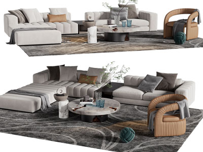 现代转角多人、单人沙发、茶几组合