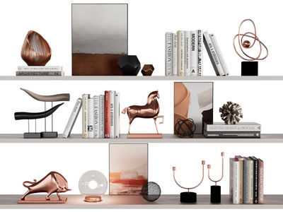 现代隔板上的书籍、装饰画、饰品摆件组合