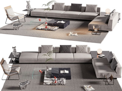 现代布艺多人沙发、休闲椅子和茶几组合