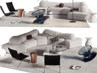 现代弧形多人沙发、休闲椅子和茶几组合