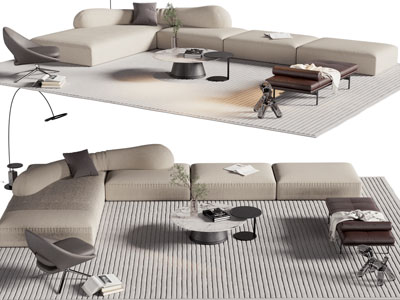 现代转角多人沙发、沙发凳、茶几组合