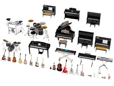 现代钢琴、电子琴、电吉他、架子鼓3d模型 现代钢琴、电子琴、电吉他、架子鼓