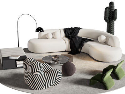 现代弧形多人、单人沙发、茶几组合